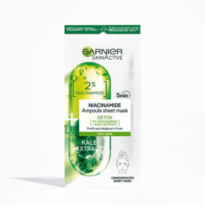 GARNIER SKINACTIVE ΥΦΑΣΜΑΤΙΝΗ ΜΑΣΚΑ ΠΡΟΣΩΠΟΥ 5ΛΕΠΤΩΝ ΜΕ ΝΙΑΣΙΝΑΜΙΔΙΝΗ + KALE (ΛΙΠΑΡΟ ΔΕΡΜΑ) 15GR